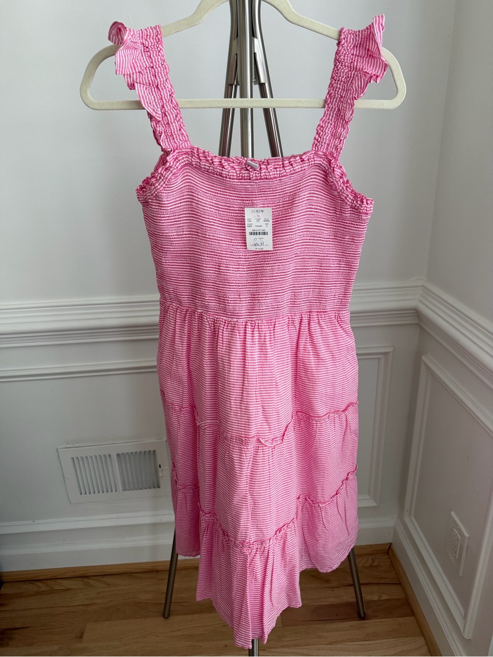 J. Crew Pink Striped Smocked Tiered Dress